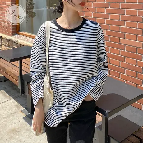 yoe黑白条纹t恤女长袖网红ins潮宽松中长款港风复古百搭设计上衣图片