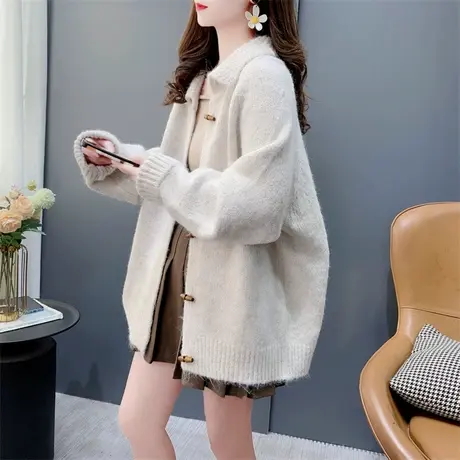 复古牛角扣纯色毛衣外套女春季2024年新款宽松设计感软糯针织开衫商品大图