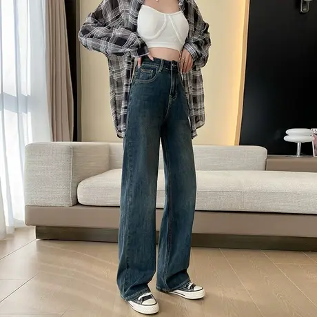高腰阔腿牛仔裤女2024新款春秋冬季加绒显瘦垂感复古直筒拖地裤子图片