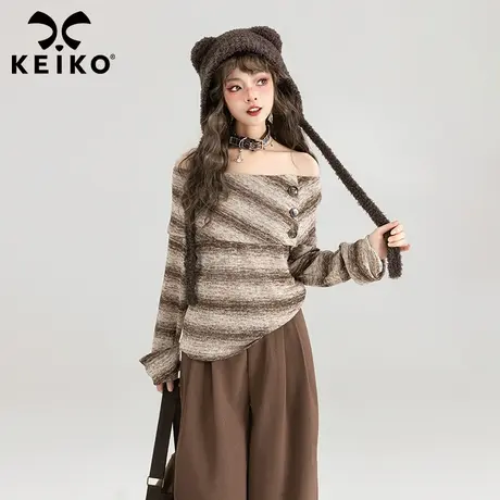 KEIKO 一字肩条纹渐变针织衫2024春季慵懒风软糯显瘦性感露肩上衣商品大图