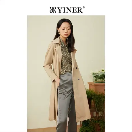 YINER音儿女装春季时尚中长款小纽扣西装领风衣商品大图