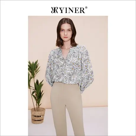 YINER音儿女装2023春季时尚V领印花桑蚕丝衬衫上衣商品大图