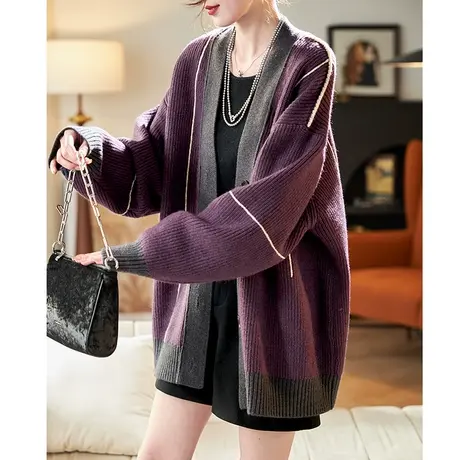 宝诗黎V领慵懒宽松针织开衫2025新款洋气显瘦秋季百搭休闲外套女商品大图