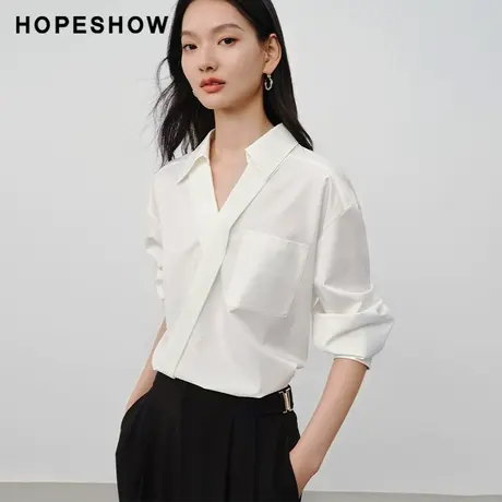 红袖老钱风V领套头上衣女hopeshow2024春季新款白色通勤简约衬衫图片