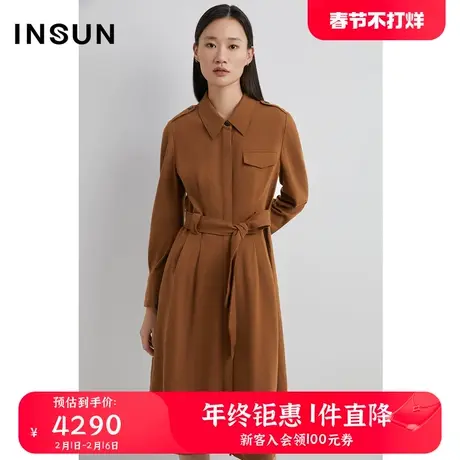 INSUN恩裳秋季收腰宽褶亲肤羊毛POLO领连衣裙图片