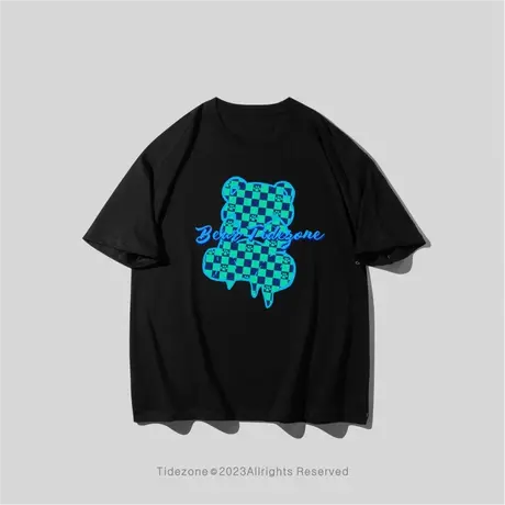 Ohlyah黑色短袖t恤男小熊卡通印花圆领半袖夏季运动体恤情侣短袖图片