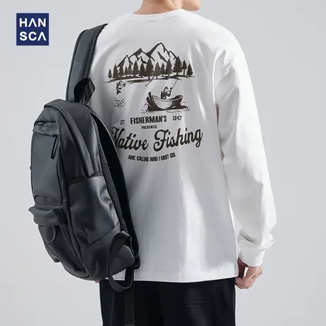 hansca 260g重磅纯棉长袖t恤男潮牌秋季后背字母印花宽松大码上衣商品大图