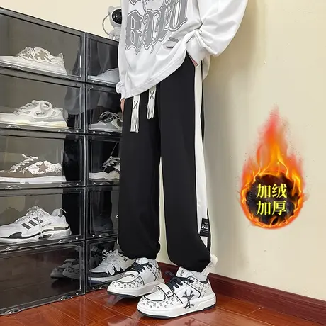 束脚卫裤男秋冬季新款美式宽松加绒运动裤男生潮牌条纹休闲长裤子商品大图