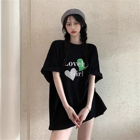 正肩半袖t恤女通勤风字母爱心印花短袖黑色半袖2024新款纯棉上衣图片