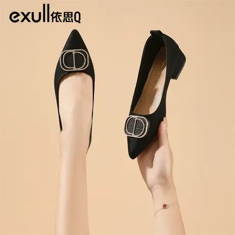 依思q尖头单鞋2024春季新款粗跟通勤一脚蹬黑色工作鞋子低跟女鞋商品大图