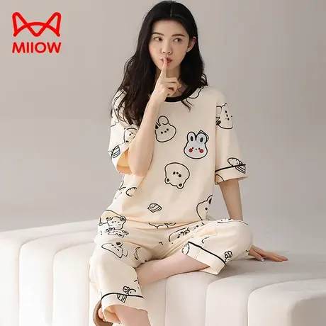 猫人女士睡衣夏季局家居服纯棉可爱女生短袖七分裤套装薄款可外穿图片