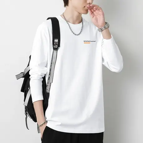 纯棉t恤男士长袖潮牌潮流白色上衣服字母印花全棉打底衫内搭秋衣商品大图