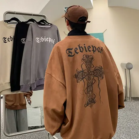 麂皮绒潮牌卫衣男oversize小众高街潮ins宽松秋冬款圆领港风无帽商品大图