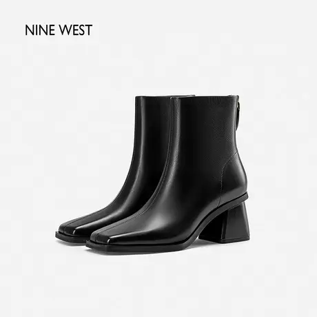 Nine West/玖熙粗跟短靴女2023年秋冬加绒胎牛皮方头中跟黑色靴子图片