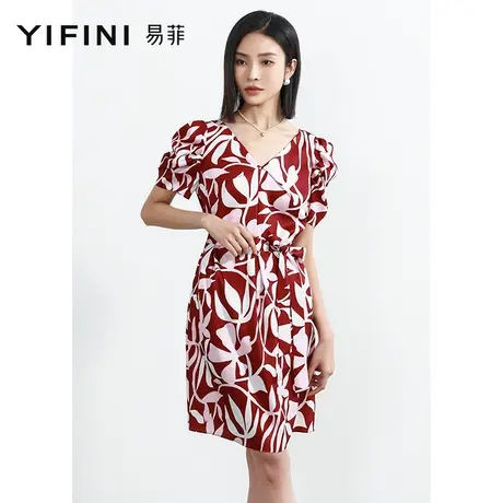 Yifini/易菲优雅气质V领短袖中长款连衣裙女2023夏季新款泡泡袖图片