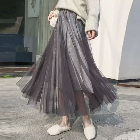 网纱半身裙女新款春秋中长高腰A字裙闪亮纱裙显瘦仙女裙7038g图片