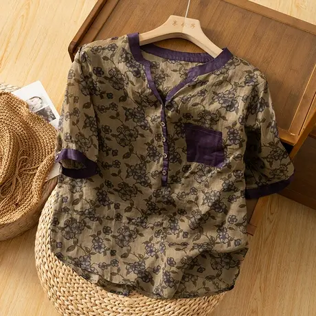 享永子短袖印花碎花苎麻衬衫女文艺复古宽松棉麻上衣2023夏季新款商品大图