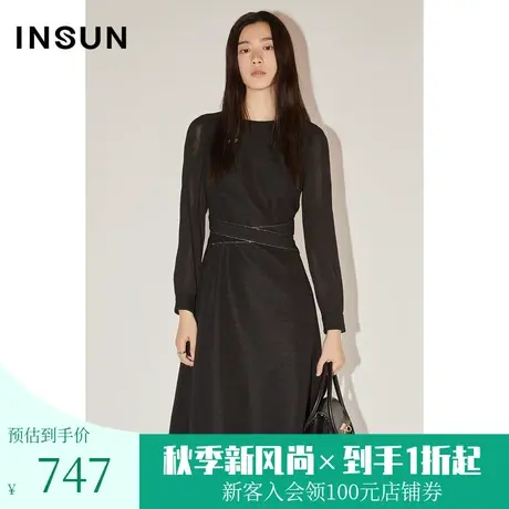 恩裳COVER春秋季简约圆领自然褶皱感设计肌理收腰连衣裙女图片