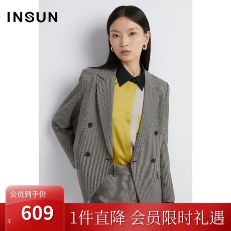 恩裳秋季经典千鸟格时尚双排扣修身通勤西装外套图片