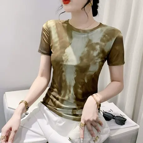 扎染印花短袖T恤女士夏装2023新款性感网纱小衫修身显瘦圆领上衣商品大图