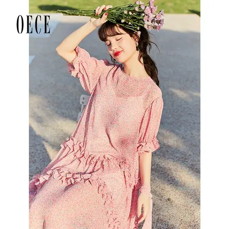 Oece2023春夏装新款女装甜甜衬肤白桃气粉碎花法式花边短袖连衣裙图片