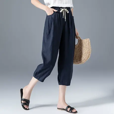 藏青色灯笼裤女夏季薄款七分裤亚麻女裤棉麻裤子哈伦裤休闲八分裤商品大图