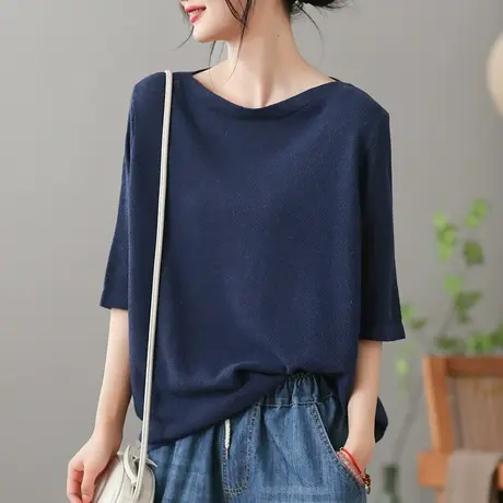 dza文艺复古纯色圆领T恤女2023夏季薄款打底体恤宽松显瘦套头上衣商品大图