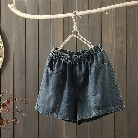 枫谜2021年夏季新款文艺简约贴标牛仔短裤女松紧腰百搭牛仔热裤图片