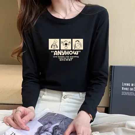 长袖T恤女纯棉薄款上衣2023年春季洋气减龄宽松大码胖mm显瘦体恤商品大图