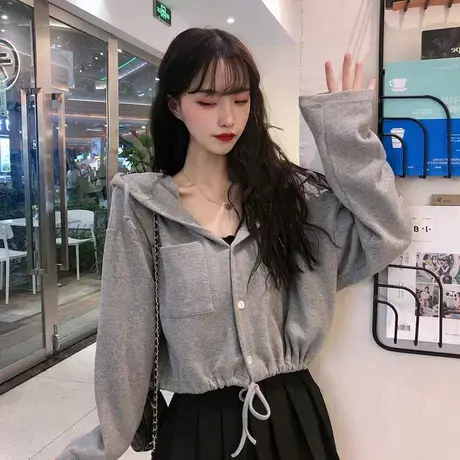 卫衣女抽绳薄款长袖ins潮上衣初秋韩版宽松短款百搭外套早秋2023商品大图