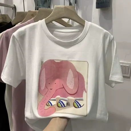 大象卡通短袖体恤女夏季2023年新款学生洋气宽松显瘦百搭体恤上衣商品大图