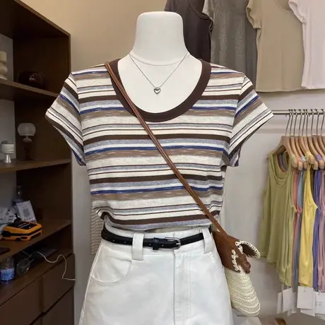 撞色条纹纯棉上衣女夏季百搭修身显瘦T恤复古chic港味短袖体恤潮商品大图