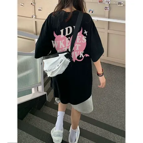 黑色短袖t恤女夏季美式复古高街hiphop宽松小众设计感潮牌上衣ins商品大图