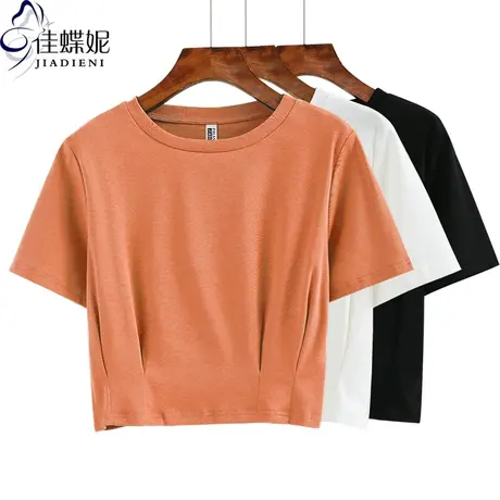 夏季新款韩版纯棉圆领宽松休闲短款高腰褶皱小心机短袖体恤上衣女商品大图