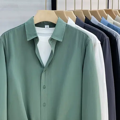 美式重磅长袖衬衫男春秋宽松高级感纯棉寸衫纯色白色翻领衬衣外套商品大图