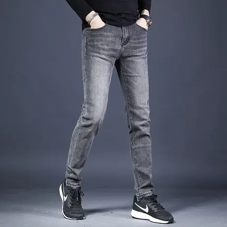 高端轻奢牛仔裤男秋冬款2021年新款烟灰色修身小脚男士休闲裤直筒商品大图