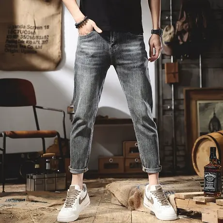 高端烟灰色牛仔裤男修身直筒显瘦休闲痞帅潮牌九分裤夏季薄款裤子商品大图