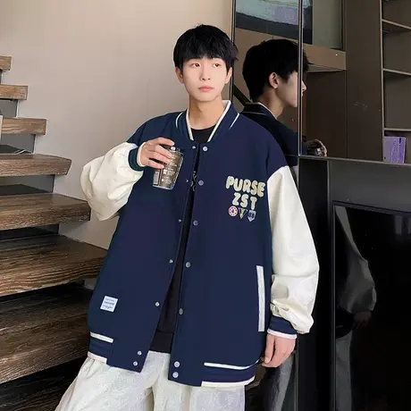 美式棒球服外套男士春秋季新款潮牌运动复古夹克宽松大码休闲男装商品大图