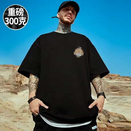 300g重磅美式加肥加大短袖t恤街头大码黑色圆领纯棉简约半袖潮流商品大图