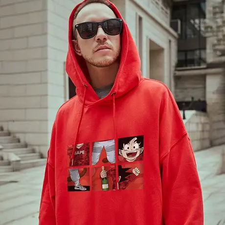 2023新款衣服红色卫衣男秋冬款潮牌连帽加绒情侣加肥加大码外套潮商品大图