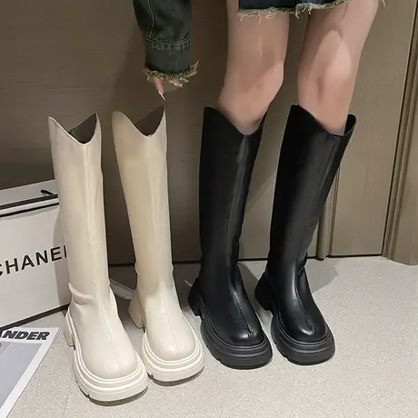 长筒靴女2023年新款春秋季v口骑士靴高筒小个子粗腿显瘦马丁靴子图片