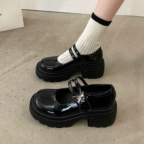 玛丽珍鞋女夏季2023新款粗跟防滑增高单鞋浅口时尚jk小个子小皮鞋商品大图