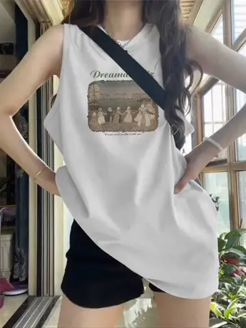 纯棉吊带坎肩背心无袖t恤女夏季设计感小众外穿宽松港风挂脖上衣商品大图