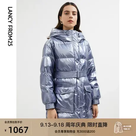 明星同款 朗姿亮面鹅绒连帽白色轻羽绒服加厚中长款女士冬装外套商品大图