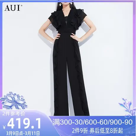 AUI黑色设计感高腰直筒连体裤女2023夏新款气质雪纺飞飞袖连体衣商品大图