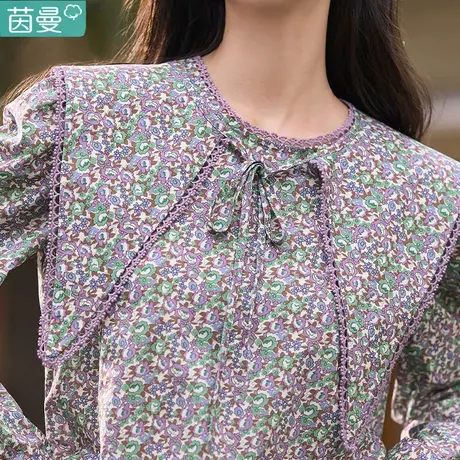 茵曼旗舰店气质碎花长袖衬衫女2023早春新款蕾丝大尖领显瘦衬衣商品大图