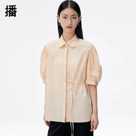 播2024春季新款复古泡泡袖抽绳装饰翻领宽松短袖衬衫女DDQ3CD5059商品大图