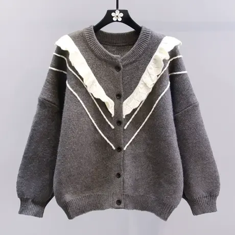 韩系甜美荷叶边毛衣外套女秋冬2023新款宽松气质高级感针织开衫商品大图