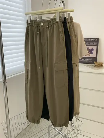 美式复古抽绳高腰工装裤女2023秋冬新款束脚直筒两穿大口袋休闲裤图片