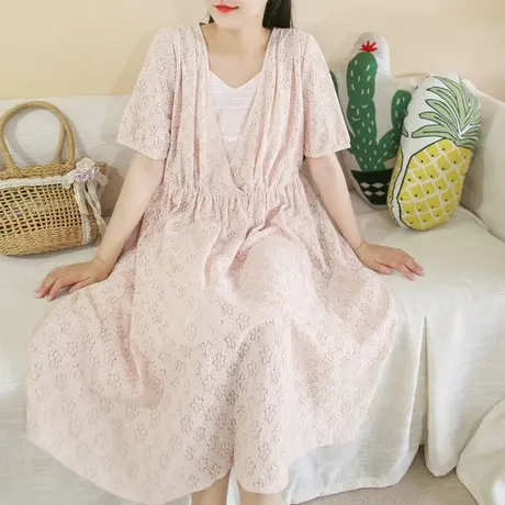 胖妹妹夏季2023新品蕾丝短袖连衣裙 加大码V领优雅长裙【送吊带】商品大图